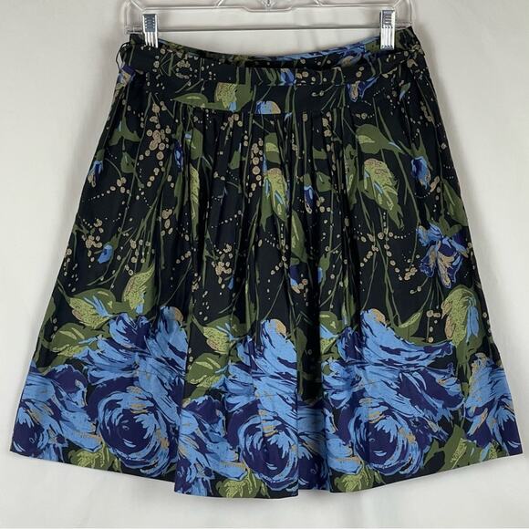 LOFT Navy Blue Green Gold Floral Pleated Boho Chic Full Skirt NWOT Size 4P - Picture 4 of 10